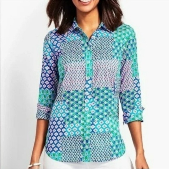 Talbots Petites Patchwork Tulip Print Cotton Button Up Shirt Women’s Size SP - Picture 1 of 6